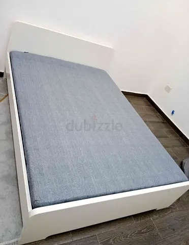 Ikea White Wooden Double Bed Frame with Grey Mattress