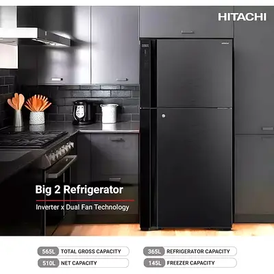 Hitachi 601L Gross Top Mount Double Door Refrigerator RVG760PUK71GBK