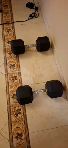 Pair of Hex Rubber Dumbbells (Adjustable Handle) - 15KG Each Good Condition