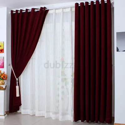 Pair of Burgundy Grommet Blackout Curtains with White Sheer Panel
