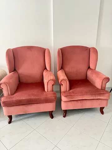 Pair of vintage-style pink velvet wingback armchairs, excellent condition