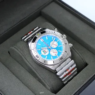 Breitling Stainless Steel Mens Chronograph Super Master Copy Watch with Turquoise Dial
