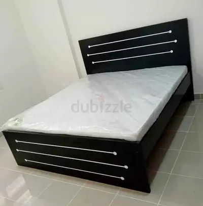 Brand New Queen size Bed Frame with Mattress - Dark Wood, Simple Design