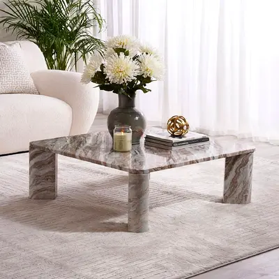 Modern Marble-Effect Low Coffee Table — Square, Minimalist