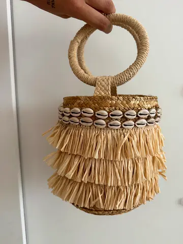 Straw Shell Accent Bucket Bag with Round Handle Purse Boho