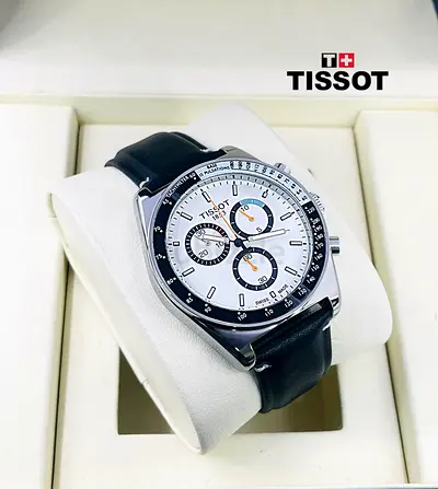 Tissot Chronograph Mens Watch - Black Leather Strap, White Dial