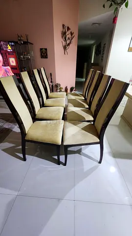 Set of 8 Dining Chairs with Beige Upholstery and Dark Wood Frame