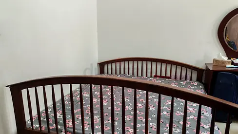 Solid Wood Double Bed Frame with Slatted Headboard (Good Condition)
