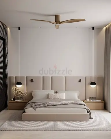 Minimal Beige Ceiling Fan in Modern Bedroom