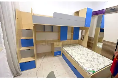 Wooden Bunk Bed with Storage, Desk and Wardrobe - Blue  Beige