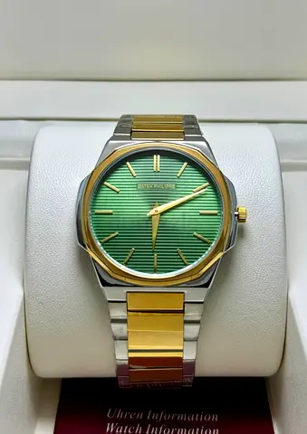 Two-Tone Stainless Steel Watch with Green Sunburst Dial