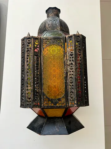 Vintage Moroccan-style Metal Lantern with Colored Glass Panels