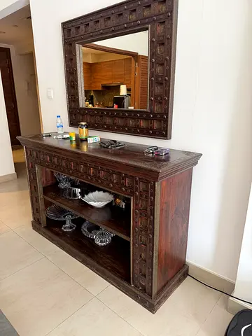 Solid Carved Wooden Console Table with Matching Mirror - Rustic Dark Finish