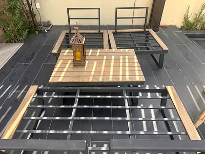 Outdoor metal and wood slatted patio seating set (frames only)