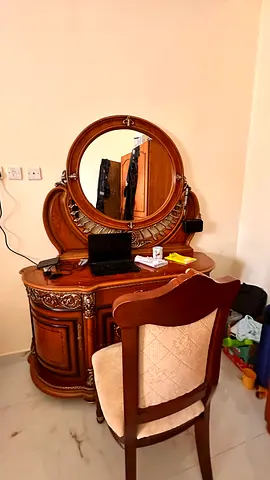 Classic Wooden Dressing Table with Large Round Mirror and Matching Chair