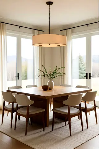 Wooden Dining Table with 6 Upholstered Chairs and Pendant Light - Modern Minimalist Set
