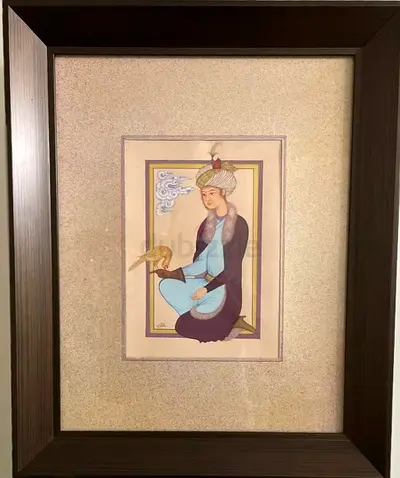 Framed Ottoman-style Miniature Painting of a Seated Figure with Bird