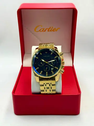 Gold-tone Cartier Chronograph Watch with Blue Dial (in Box)