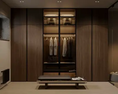 Modern built-in wooden wardrobe with glass display doors