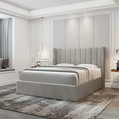 Grey Upholstered Queen Bed with Headboard