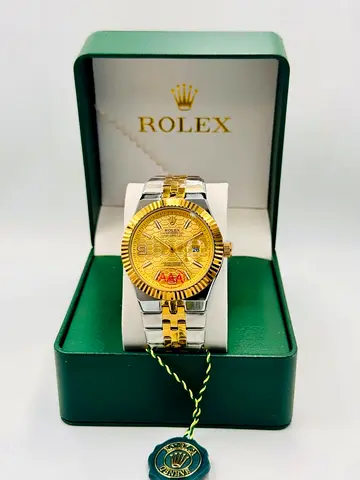 Rolex-style Two-Tone Mens Watch with Gold Dial (Box Included)