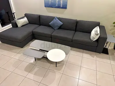 Selling a modern living room set (L Sofa, centre table and side table) in excellent condition.