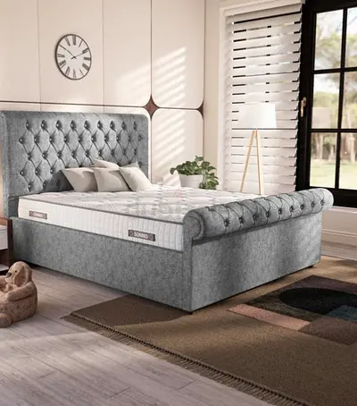 Grey Upholstered Button-Tufted King Size Bed Frame with Headboard