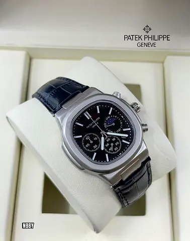 Patek Philippe Stainless Steel Chronograph Watch with Black Leather Strap