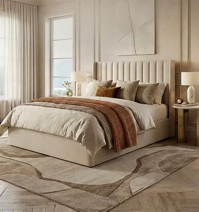 Upholstered King Bed with Padded Headboard — Neutral Beige