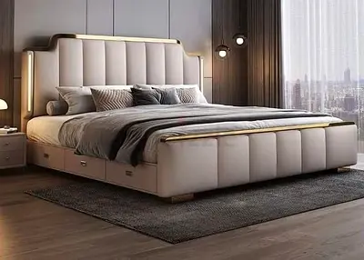 Modern Upholstered Bed with Built-in drawers Storage and LED Headboard