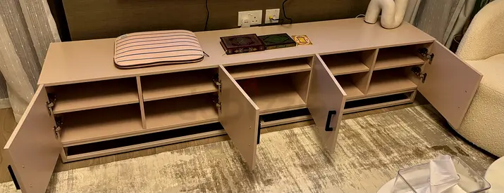 TV unit, light beige/rose color, 300 AED, 200 length x 40 depth
