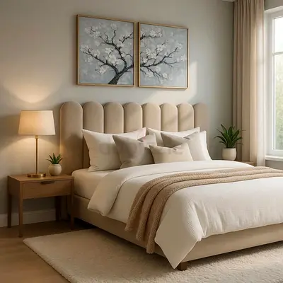 Beige upholstered bed with scalloped headboard — Queen size