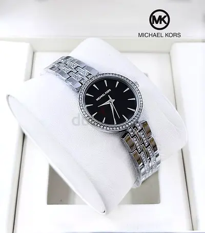 Michael Kors Womens Silver Bracelet Watch with Black Dial and Crystal Accents