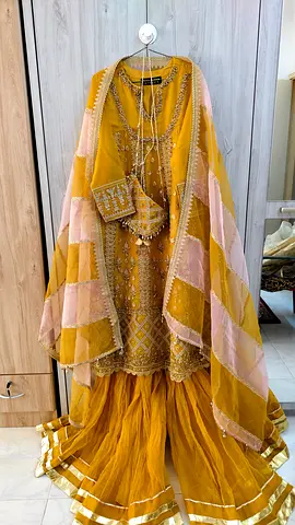 Traditional Mustard Yellow Womens Embroidered heavy dress with Dupatta