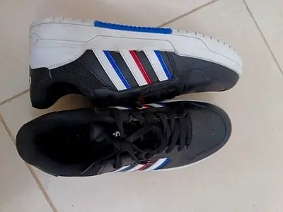 Adidas Black casual sneakers with red, white  blue stripes — worn, good condition