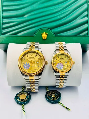 Pair of Rolex-style Two-Tone Gold  Steel Matching His and Hers Watches