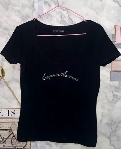 Emporio Armani Womens Black Rhinestone Logo T-Shirt
