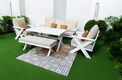 White Outdoor Patio Sofa Set with Table and Bench