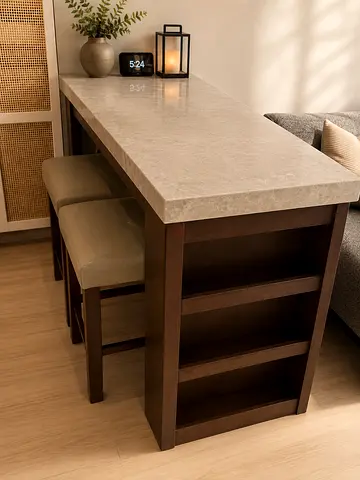 Wooden Dining Set with Marble Top and 4 Stools