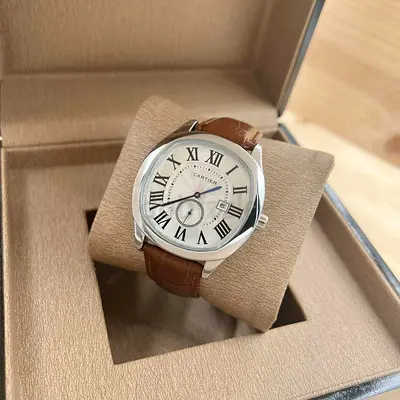 Classic Cartier-style Mens Leather Strap Watch - Silver Dial, Brown Strap
