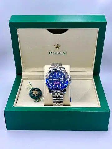 Rolex GMT-Master Style Stainless Steel Watch with Blue Bezel in Original Box