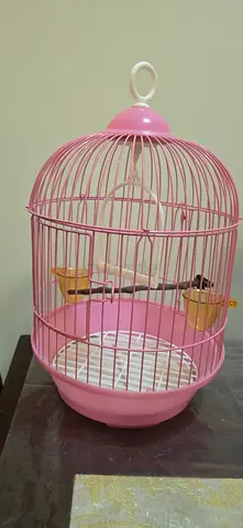Small pink round bird cage with perches and feeders — good condition