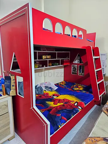 Kids Red Bunk Bed with Storage Shelves and Ladder