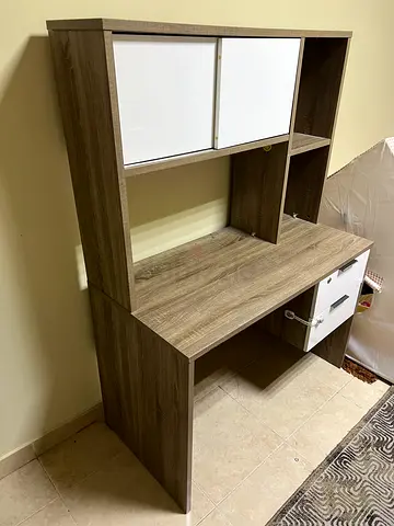 Used Wooden Study Desk with Overhead Shelves and Drawers
