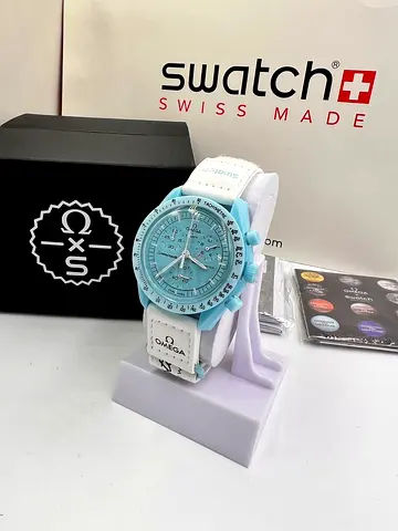 Light Blue Chronograph Wristwatch (Swatch-style) with White Strap