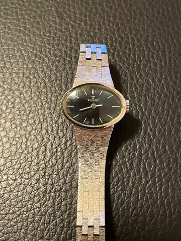 Vintage Tissot Manual Oval Black Dial Womens Watch - Vintage Stainless Bracelet