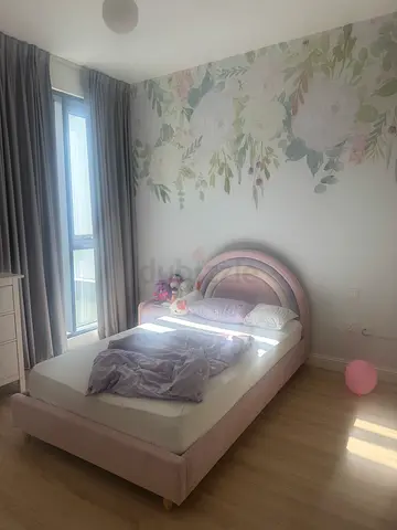 Pink childrens bed with rainbow headboard - good condition