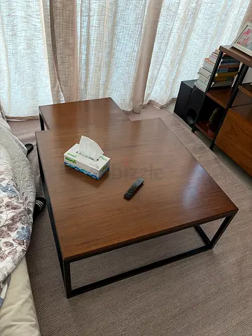 Wooden rectangular coffee table with metal frame - good condition comes in set of 2. Original wooden