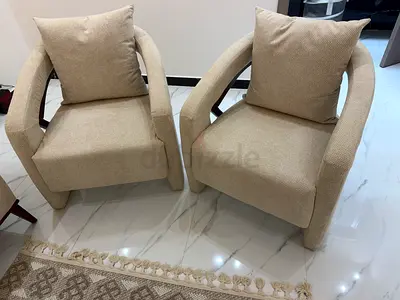 Pair of Beige Upholstered Accent Armchairs - Comfortable Living Room Chairs