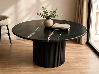 Round Black Marble-Top Dining Table with Ribbed Pedestal Base